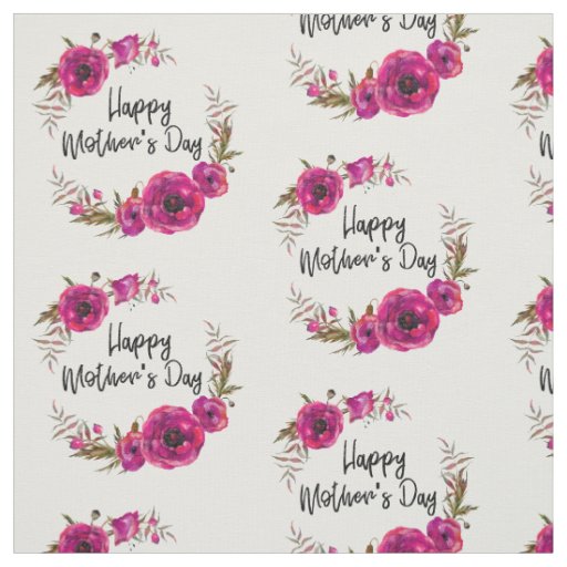 Fuchsia Poppies Floral Wreath Happy Mother's Day Fabric
