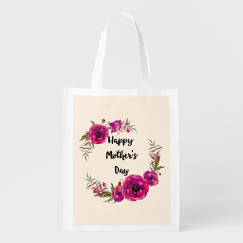Fuchsia Poppies Floral Wreath Happy Mothers Day Grocery Bag
