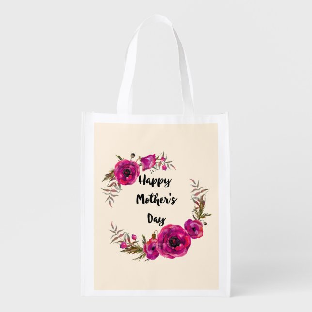 Fuchsia Poppies Floral Wreath Happy Mother's Day Grocery Bag (Front)