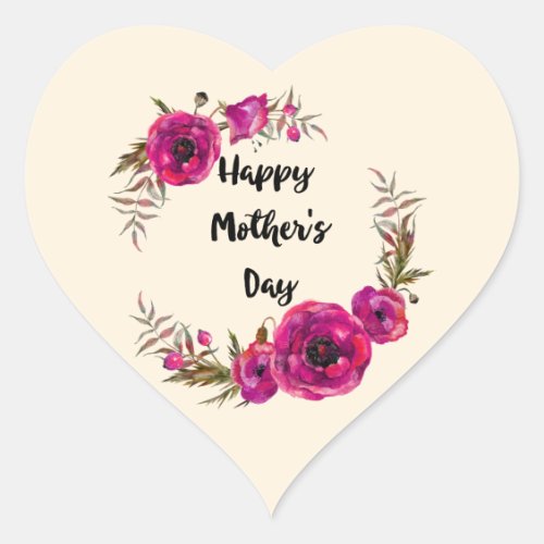 Fuchsia Poppies Floral Wreath Happy Mothers Day Heart Sticker