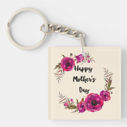 Fuchsia Poppies Floral Wreath Happy Mothers Day Keychain