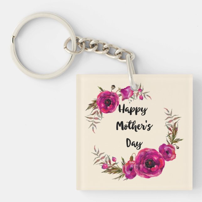Fuchsia Poppies Floral Wreath Happy Mother's Day Keychain (Front)