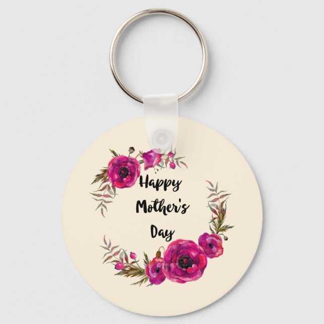 Fuchsia Poppies Floral Wreath Happy Mother's Day Keychain (Front)