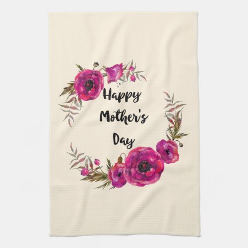 Fuchsia Poppies Floral Wreath Happy Mothers Day Kitchen Towel