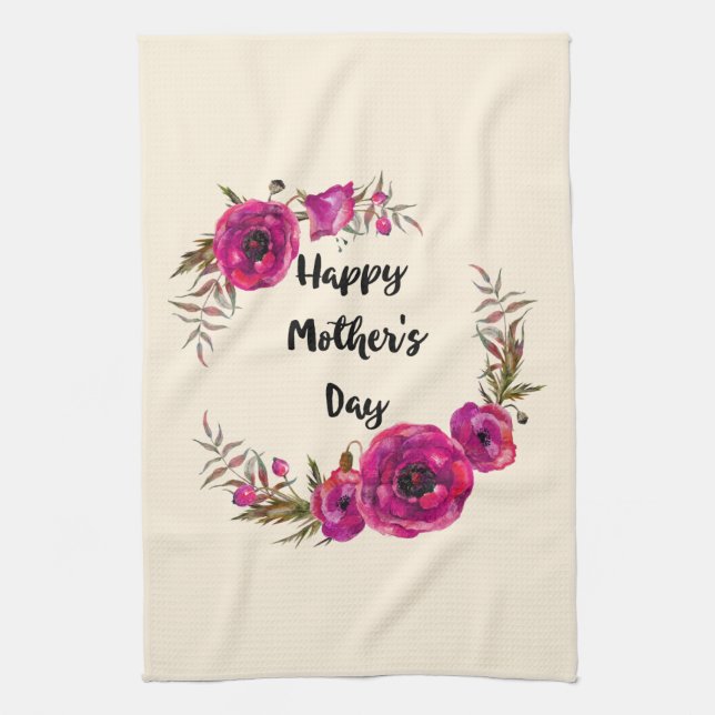 Fuchsia Poppies Floral Wreath Happy Mother's Day Kitchen Towel (Vertical)