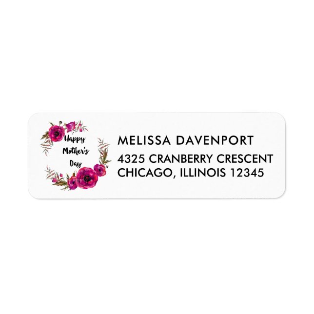 Fuchsia Poppies Floral Wreath Happy Mother's Day Label (Front)
