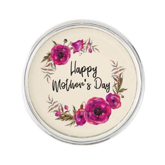 Fuchsia Poppies Floral Wreath Happy Mother's Day Lapel Pin
