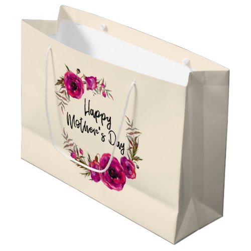Fuchsia Poppies Floral Wreath Happy Mothers Day Large Gift Bag