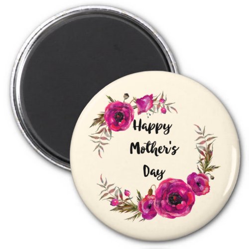 Fuchsia Poppies Floral Wreath Happy Mothers Day Magnet