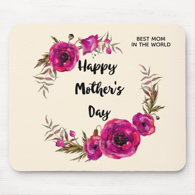 Fuchsia Poppies Floral Wreath Happy Mother's Day Mouse Pad (Front)