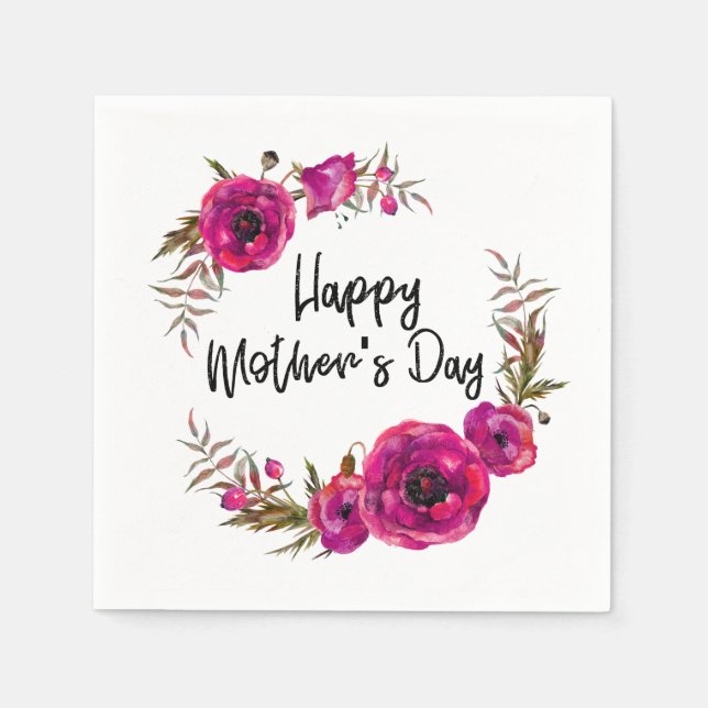 Fuchsia Poppies Floral Wreath Happy Mother's Day Napkins (Front)