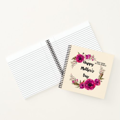 Fuchsia Poppies Floral Wreath Happy Mothers Day Notebook