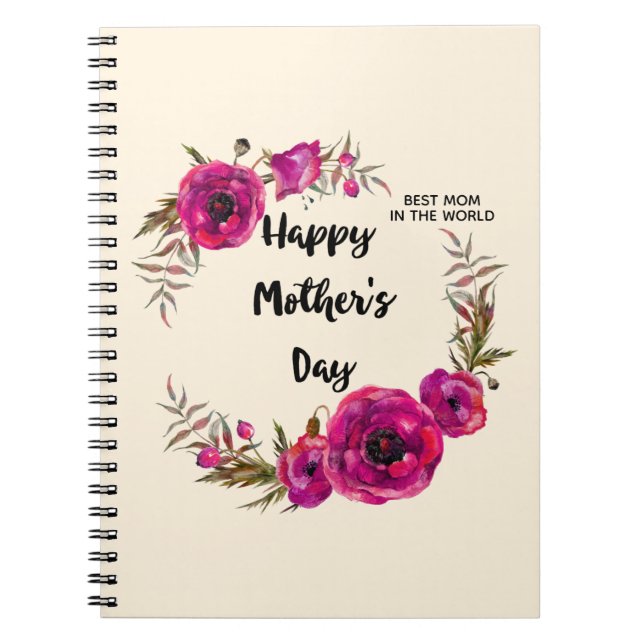 Fuchsia Poppies Floral Wreath Happy Mother's Day Notebook (Front)