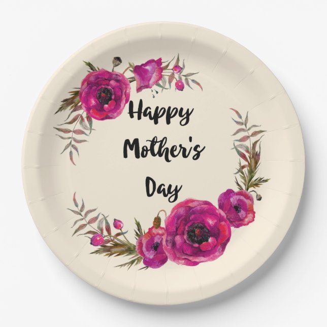 Fuchsia Poppies Floral Wreath Happy Mother's Day Paper Plates (Front)