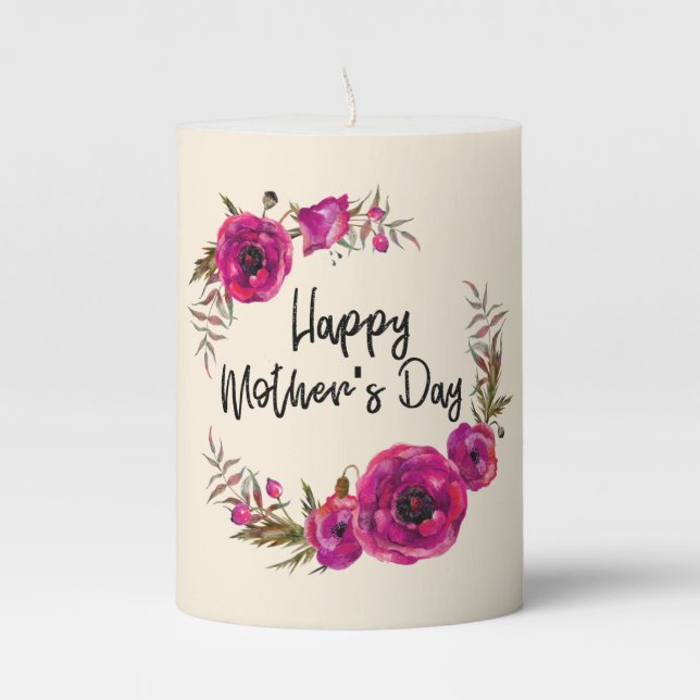 Fuchsia Poppies Floral Wreath Happy Mother's Day Pillar Candle (Front)