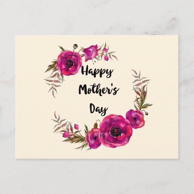 Fuchsia Poppies Floral Wreath Happy Mother's Day Postcard (Front)