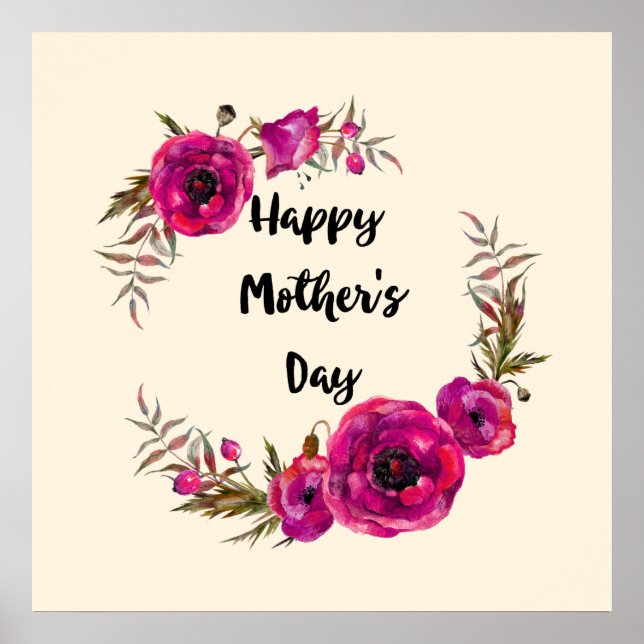 Fuchsia Poppies Floral Wreath Happy Mother's Day Poster (Front)