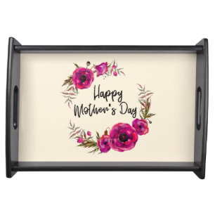 Fuchsia Poppies Floral Wreath Happy Mother's Day Serving Tray
