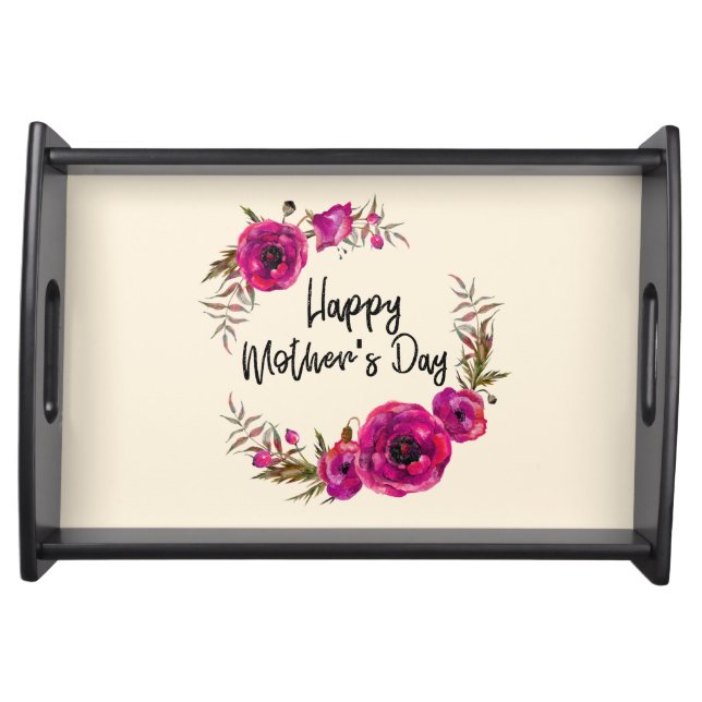 Fuchsia Poppies Floral Wreath Happy Mother's Day Serving Tray (Front)