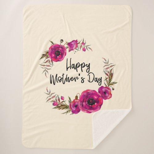 Fuchsia Poppies Floral Wreath Happy Mothers Day Sherpa Blanket