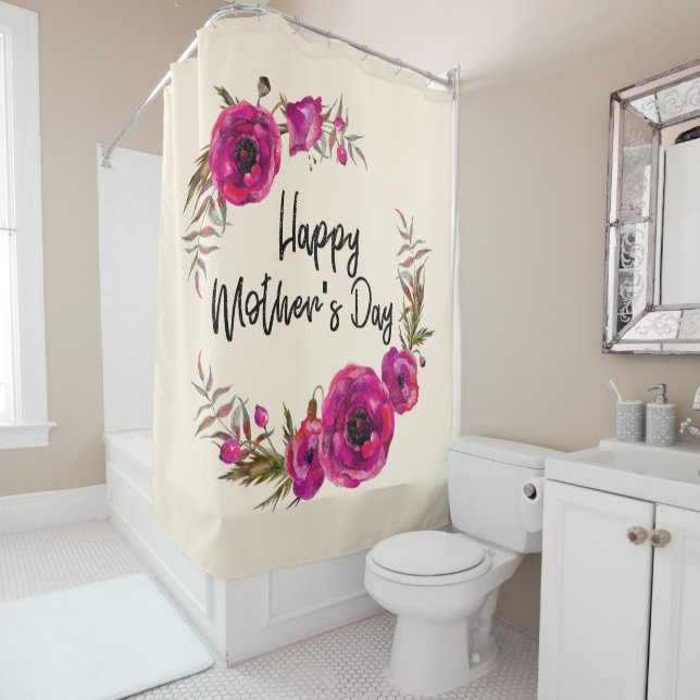Fuchsia Poppies Floral Wreath Happy Mother's Day Shower Curtain (In Situ)