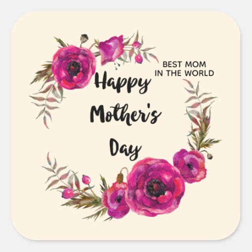 Fuchsia Poppies Floral Wreath Happy Mothers Day Square Sticker