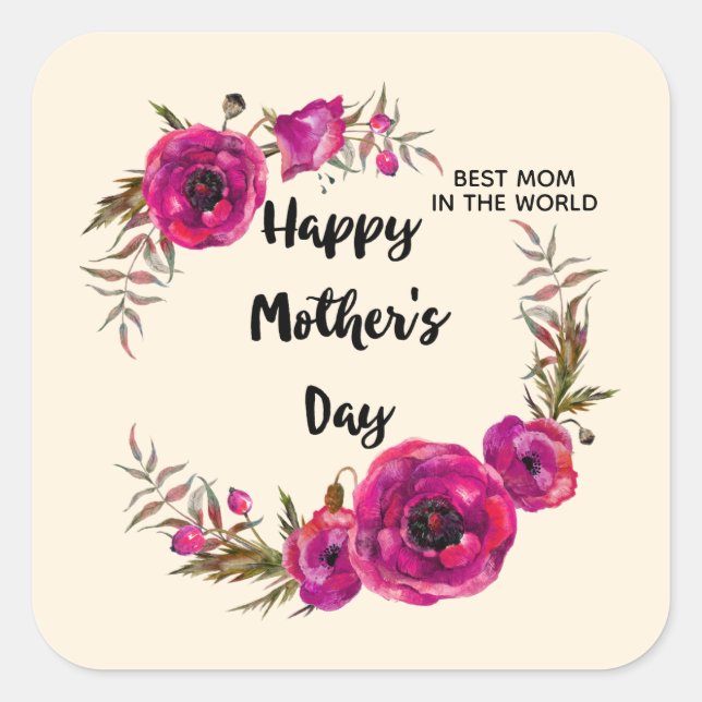 Fuchsia Poppies Floral Wreath Happy Mother's Day Square Sticker (Front)