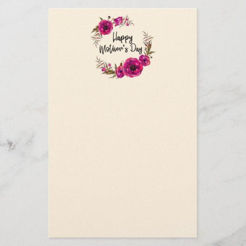 Fuchsia Poppies Floral Wreath Happy Mothers Day Stationery