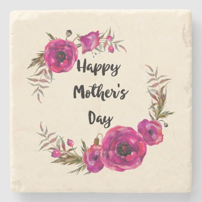 Fuchsia Poppies Floral Wreath Happy Mother's Day Stone Coaster (Front)