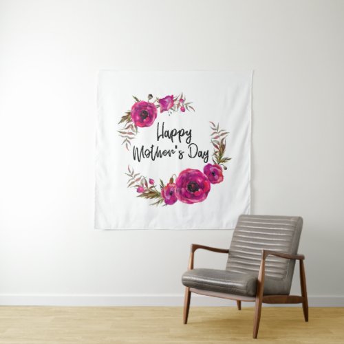 Fuchsia Poppies Floral Wreath Happy Mothers Day Tapestry