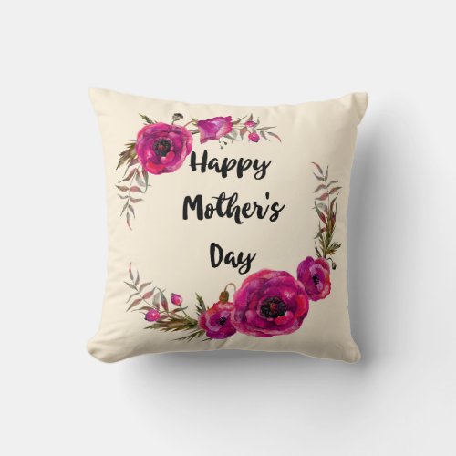 Fuchsia Poppies Floral Wreath Happy Mothers Day Throw Pillow