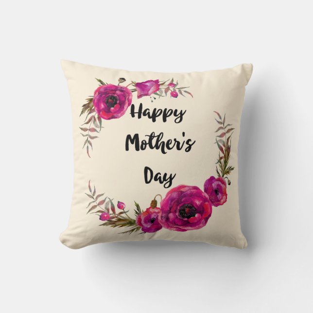 Fuchsia Poppies Floral Wreath Happy Mother's Day Throw Pillow (Front)