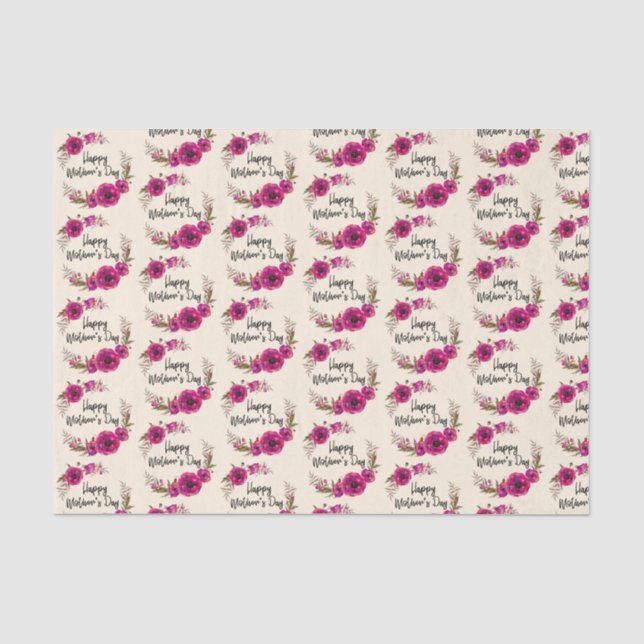 Fuchsia Poppies Floral Wreath Happy Mother's Day Tissue Paper (Front)