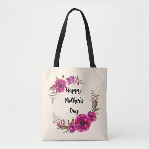 Fuchsia Poppies Floral Wreath Happy Mothers Day Tote Bag