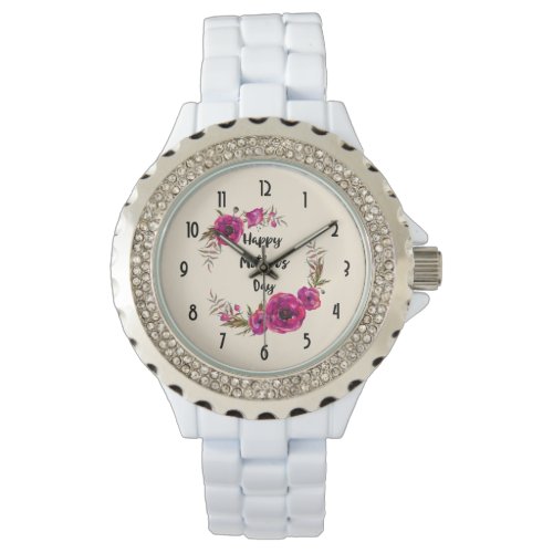 Fuchsia Poppies Floral Wreath Happy Mothers Day Watch