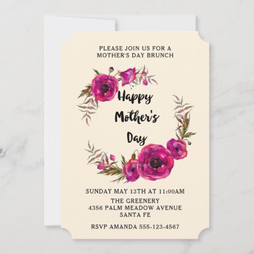 Fuchsia Poppies Floral Wreath Mothers Day Brunch Invitation