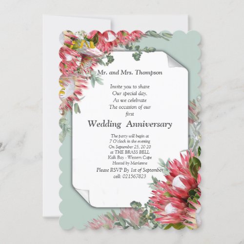 Fuchsia Protea Flower Bouquets Anniversary Invitation