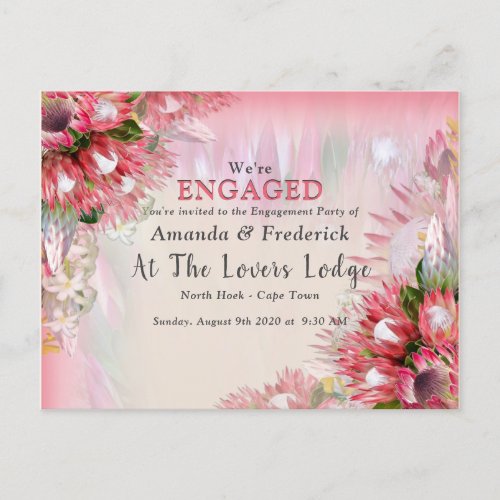 Fuchsia  Proteas _ Blush  Gold Ribben Engagement Invitation Postcard