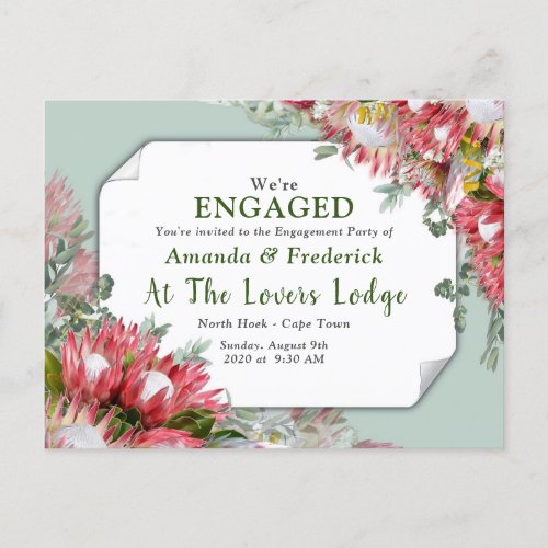 Fuchsia  Proteas _ Green  Gold Ribben Engagement Invitation Postcard