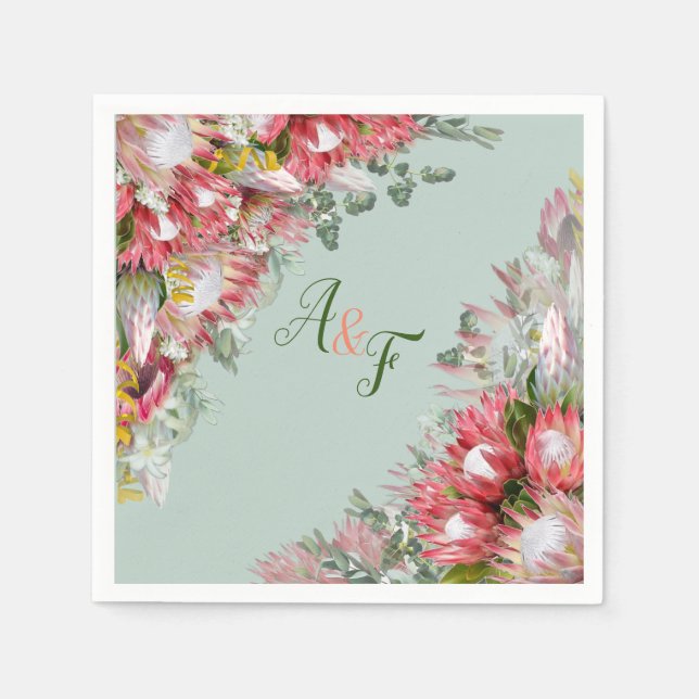Fuchsia Protea's  & Sage Green Leaves Napkins (Front)