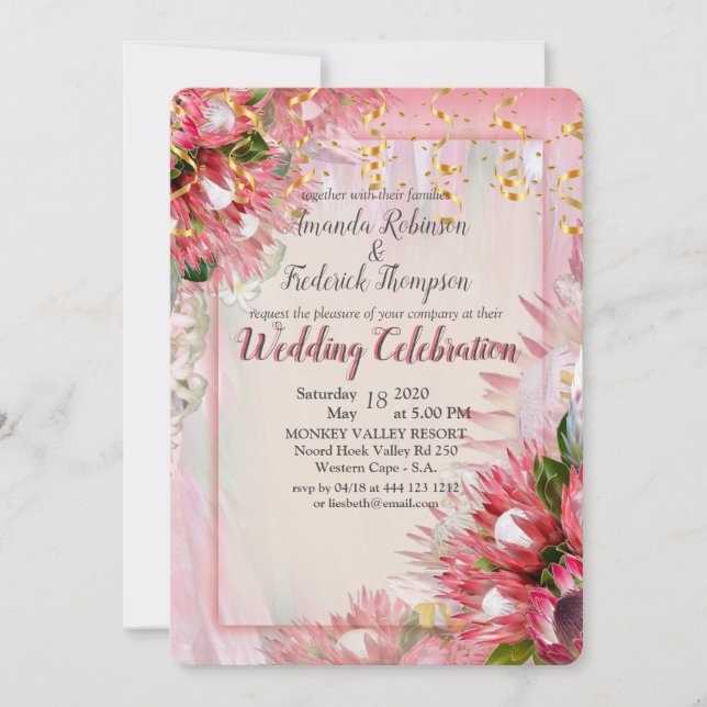 Fuchsia  Protea's with Blush & Gold Ribbon Invitation (Front)