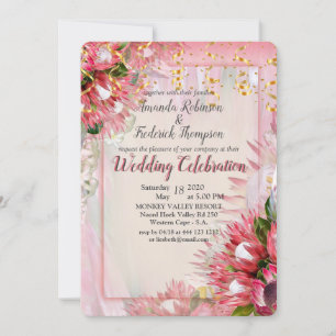 Fuchsia Protea's with Blush & Gold Ribbon Invitation