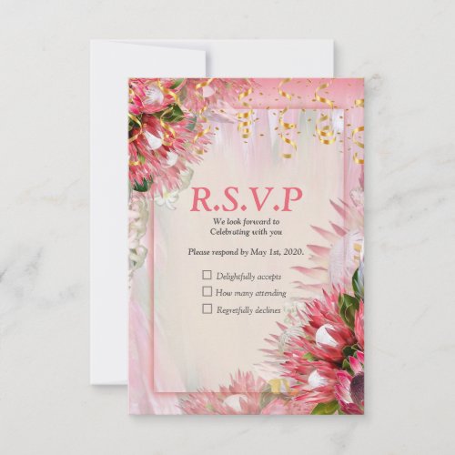 Fuchsia  Proteas with Blush  Gold ribbons RSVP Card