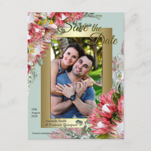 Fuchsia  Proteas with Green  Gold  Save the Date Announcement Postcard