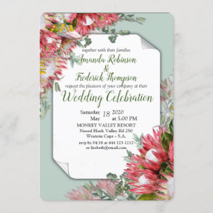 Fuchsia Protea's with Greens & Gold Ribbon Invitation