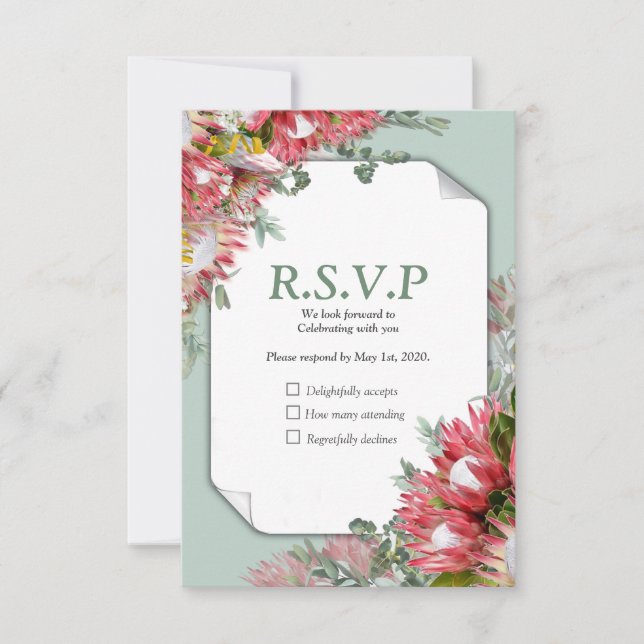 Fuchsia  Protea's with Greens & Gold ribbons RSVP Card (Front)