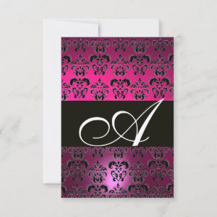 FUCHSIA PURPLE BLACK DAMASK MONOGRAM RSVP white