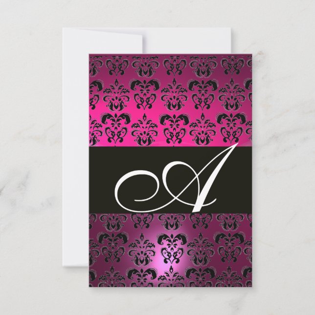 FUCHSIA  PURPLE BLACK  DAMASK MONOGRAM RSVP white Card (Front)