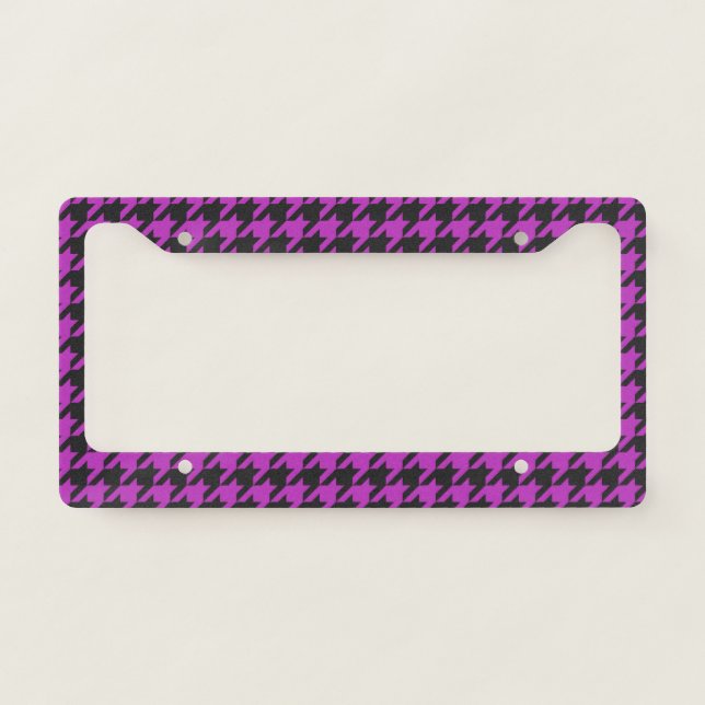 Fuchsia Purple Black Houndstooth Check Pattern  License Plate Frame (Front)