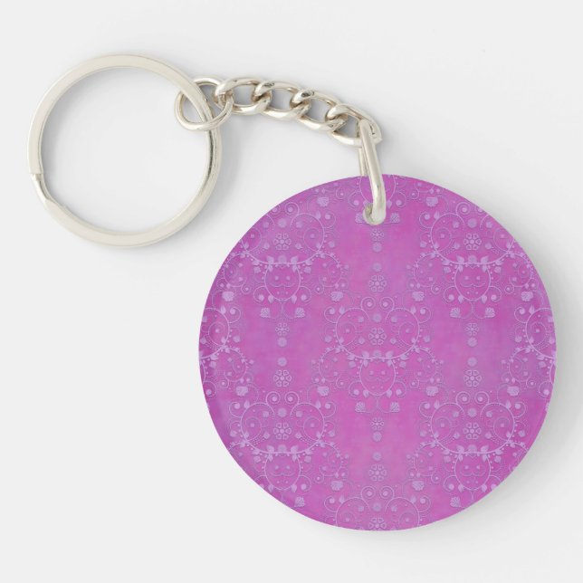 Fuchsia Purple Floral Damask Pattern Keychain (Front)